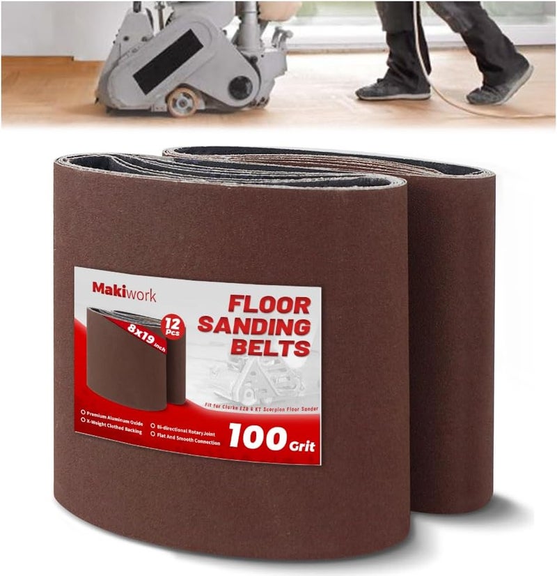 makiwork 8 inch x 19 inch 100 Grit Sanding Belts, 12 Pack, EZ 8 Drum Sander Sandpaper Rolls for Woodworking and Floor Polishing, Aluminum Oxide Sander Sleeves - Image 1